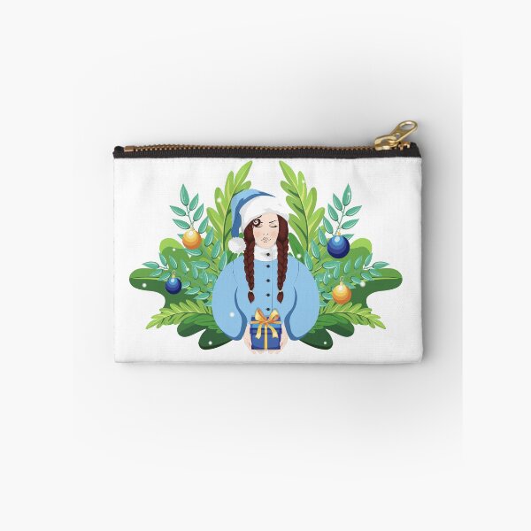 Item preview, Festive brunette Woman with braids in blue Santa outfit offering a Gift, surrounded by Christmas greenery and Holiday decorations designed and sold by KosaUA.