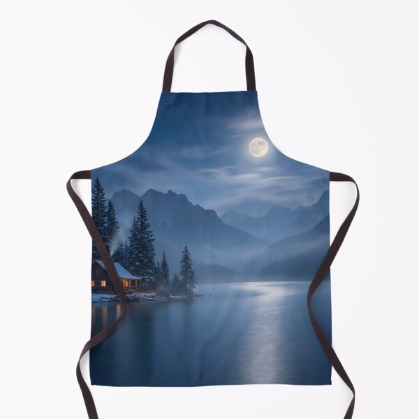 Item preview, Moonlit Winter Cabin by the Lake – Peaceful Mountain Night Landscape Art designed and sold by AbstractAuraArt.