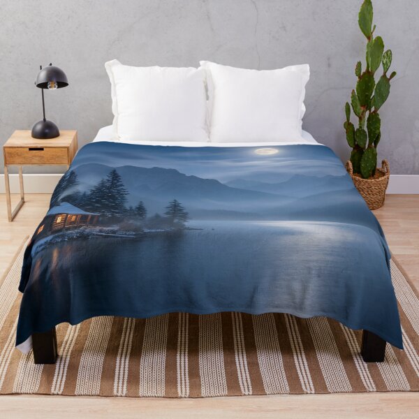 Item preview, Moonlit Winter Cabin by the Lake – Peaceful Mountain Night Landscape Art designed and sold by AbstractAuraArt.