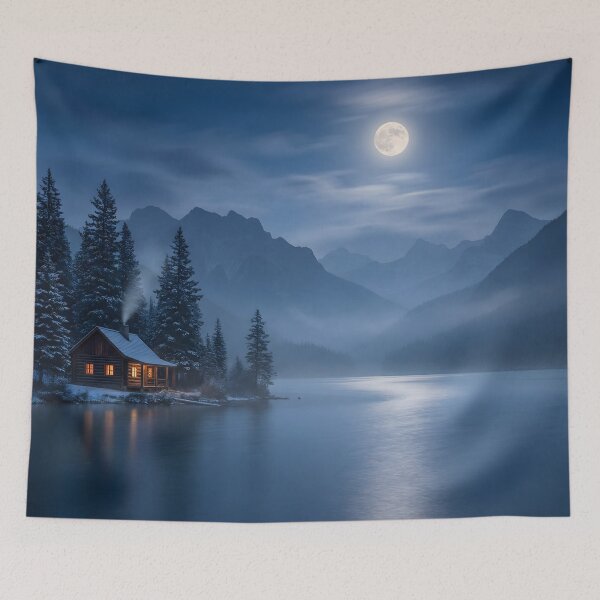Item preview, Moonlit Winter Cabin by the Lake – Peaceful Mountain Night Landscape Art designed and sold by AbstractAuraArt.