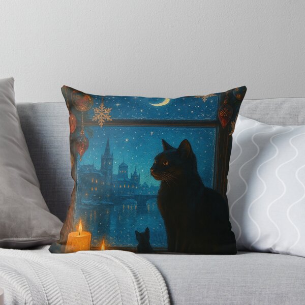 Aperçu de l'œuvre Winter Solstice – Moonlit Town and Black Cat Silhouette créée et vendue par WhimsyHeartCrafts - TonnyFroyen.com.