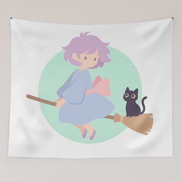 Item preview, Cute Witch and Black Cat Minimalist Art – Pastel Aesthetic Flying Witch Illustration designed and sold by AbstractAuraArt.