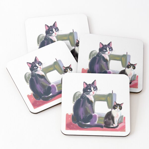 Item preview, Painterly Sewing Cats Artwor Whimsical Sewing Machine Art Cozy Craft room Decor by Naree. designed and sold by KittenAndCo.