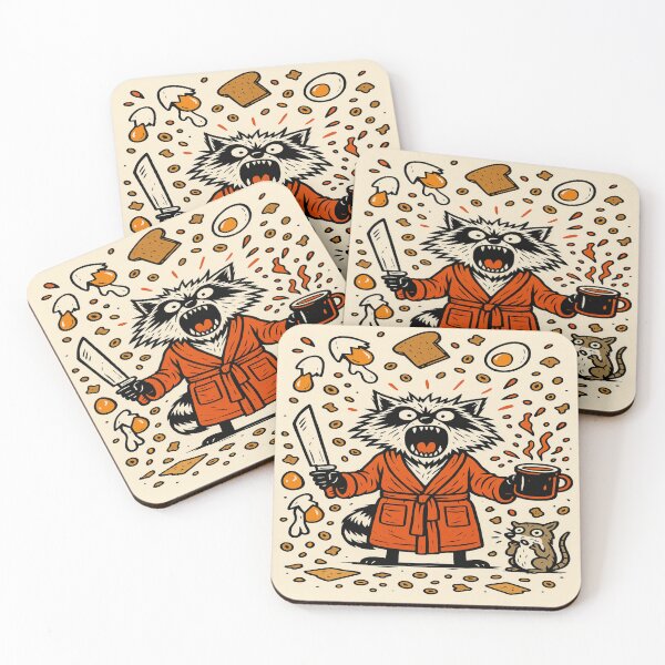 Item preview, Angry Breakfast Raccoon Chaos – Funny Morning Coffee Robe Art designed and sold by POD DYNASTY | Original Print On Demand T-Shirt Graphics.