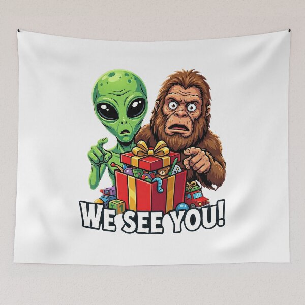 Item preview, Funny Alien & Bigfoot "WE SEE YOU!" Conspiracy Theory Art designed and sold by ARTReMi.