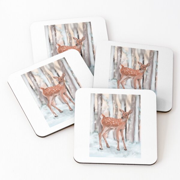 Item preview, White-tailed deer fawn in snowy forest scene designed and sold by notartsaccount.