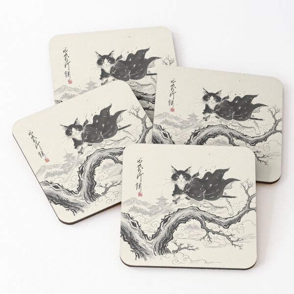 Item preview, Sumi-e Samurai Cat Warrior with Katana and Japanese Temple designed and sold by AbcDigs Studio.