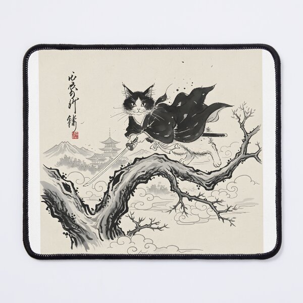 Item preview, Sumi-e Samurai Cat Warrior with Katana and Japanese Temple designed and sold by AbcDigs Studio.
