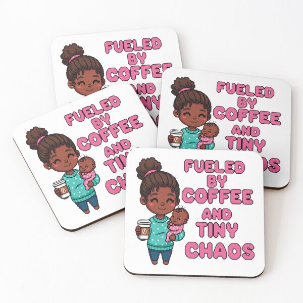 Item preview, Fueled by Coffee and Tiny Chaos – Kawaii Black Mom & Baby Sticker designed and sold by Pixel Girl Aesthetic Studio.