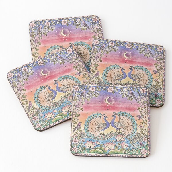 Item preview, Two Peacocks by Lotus River – Pastel Folk Art Design designed and sold by wpsstudio.
