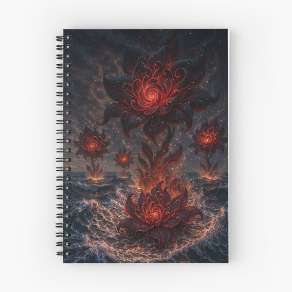 Item preview, Erupting Fire Blossoms Over the Ocean – Dark Fantasy Floral Art designed and sold by RokaCircles.