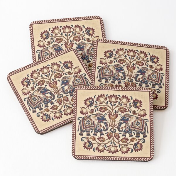Item preview, Twin Kalamkari Elephants with Lotus Vines – Traditional Indian Folk Art designed and sold by wpsstudio.