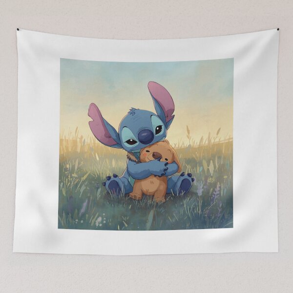 Aperçu de l'œuvre Stitch serrant son doudou dans ses bras – Illustration douce et tendre créée et vendue par Dream Magic Co.