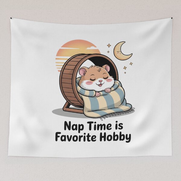 Item preview, A cartoon hamster sleeping on a running wheel with the phrase Nap time is a favorite pastime designed and sold by Pawmoods.