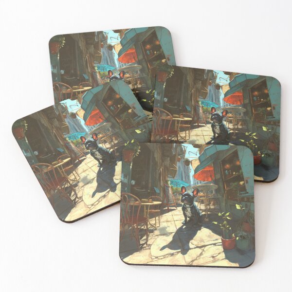 Item preview, French Bulldog sitting in a bustling city street café, Dogs in Motion designed and sold by CDC40.