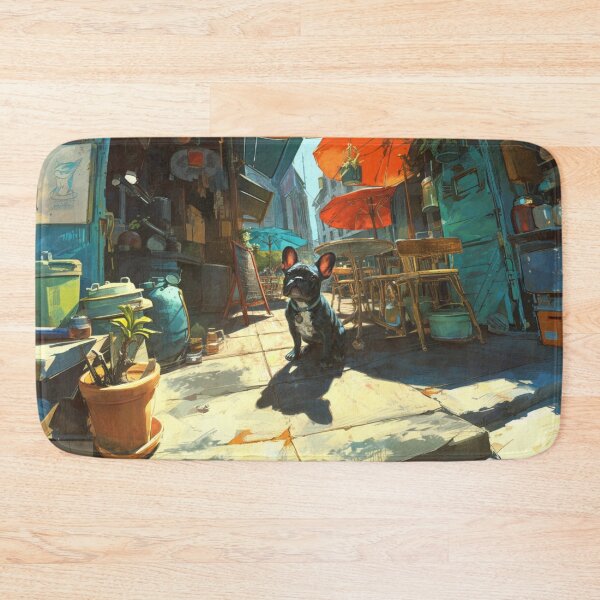 Item preview, French Bulldog sitting in a bustling city street café, Dogs in Motion designed and sold by CDC40.