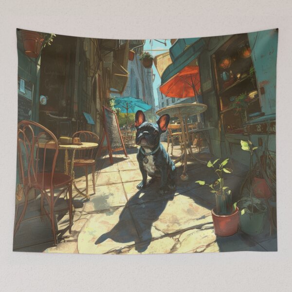 Item preview, French Bulldog sitting in a bustling city street café, Dogs in Motion designed and sold by CDC40.