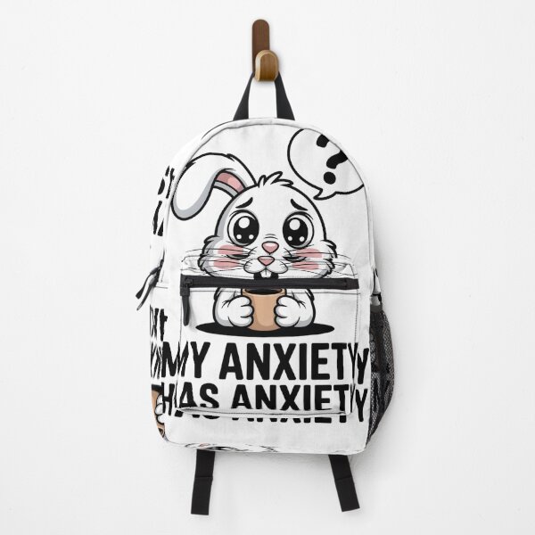 Item preview, A cartoon rabbit, nervous, is holding a cup of coffee, with the caption _My anxiety has anxiety designed and sold by Pawmoods.
