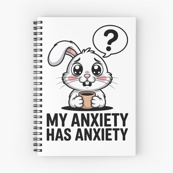 Item preview, A cartoon rabbit, nervous, is holding a cup of coffee, with the caption _My anxiety has anxiety designed and sold by Pawmoods.