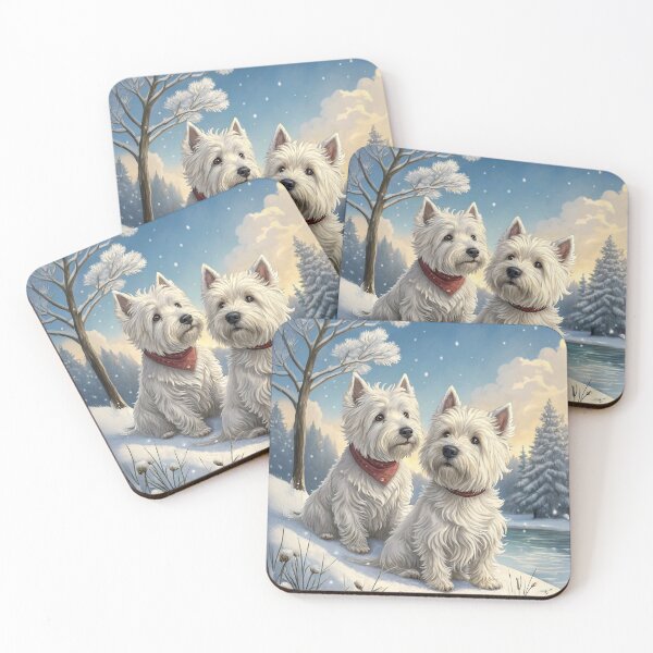 Item preview, Two Westie Dogs Sitting in Snowy Winter Landscape at Sunset designed and sold by skibreck.