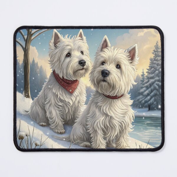 Item preview, Two Westie Dogs Sitting in Snowy Winter Landscape at Sunset designed and sold by skibreck.