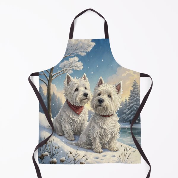 Item preview, Two Westie Dogs Sitting in Snowy Winter Landscape at Sunset designed and sold by skibreck.
