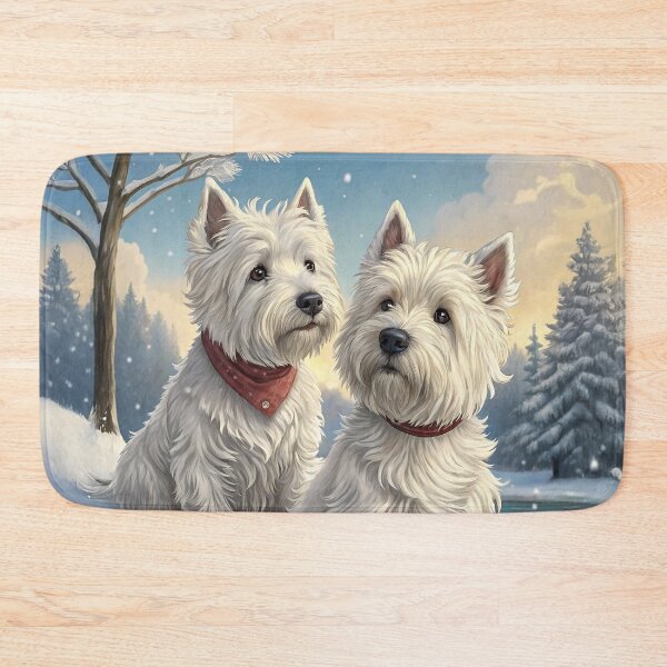 Item preview, Two Westie Dogs Sitting in Snowy Winter Landscape at Sunset designed and sold by skibreck.