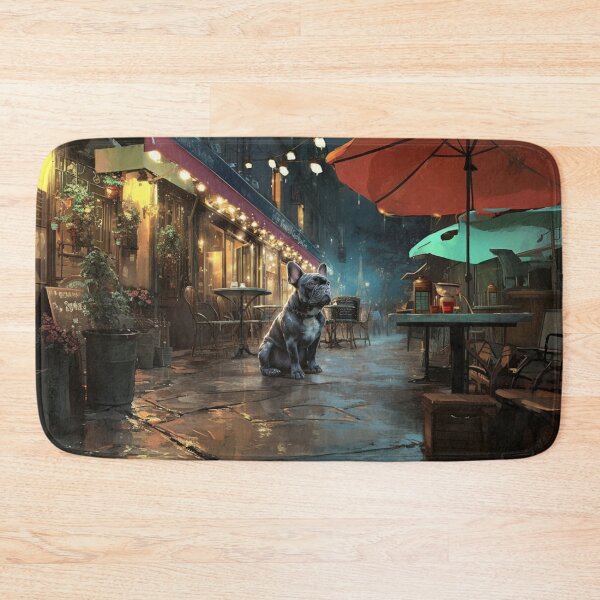 Item preview, French Bulldog sitting in a bustling city street café, Dogs in Motion designed and sold by CDC40.