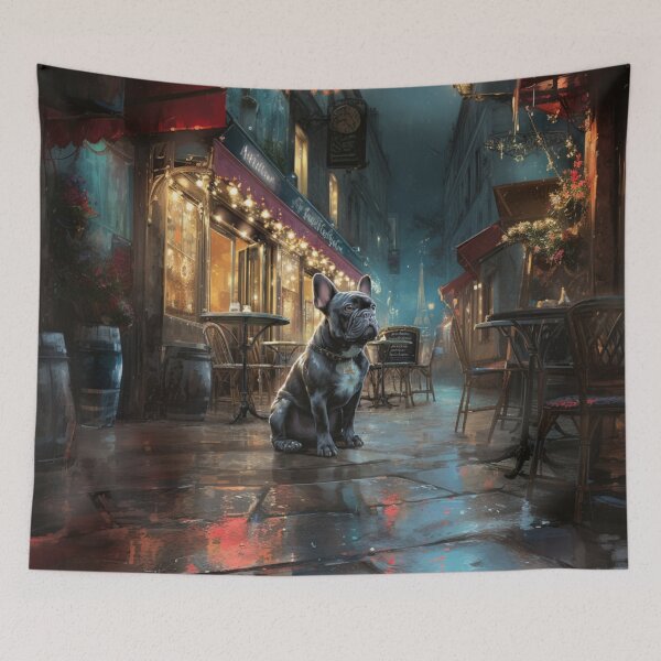 Item preview, French Bulldog sitting in a bustling city street café, Dogs in Motion designed and sold by CDC40.