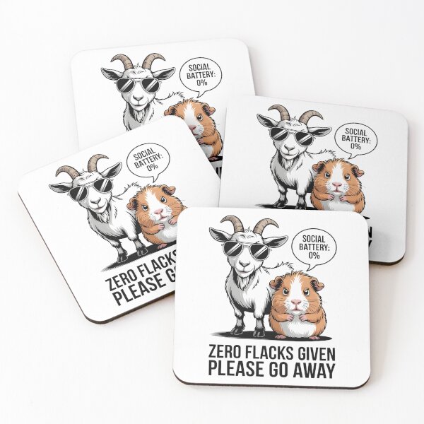 Item preview, A sarcastic goat and a tired guinea pig with the phrase Social battery 0% designed and sold by Pawmoods.