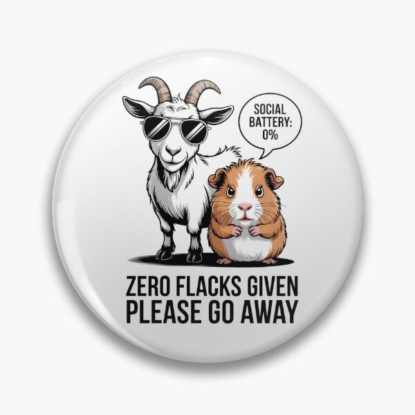Item preview, A sarcastic goat and a tired guinea pig with the phrase Social battery 0% designed and sold by Pawmoods.