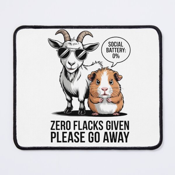 Item preview, A sarcastic goat and a tired guinea pig with the phrase Social battery 0% designed and sold by Pawmoods.