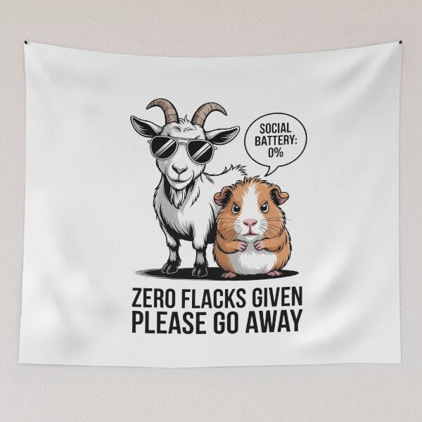 Item preview, A sarcastic goat and a tired guinea pig with the phrase Social battery 0% designed and sold by Pawmoods.