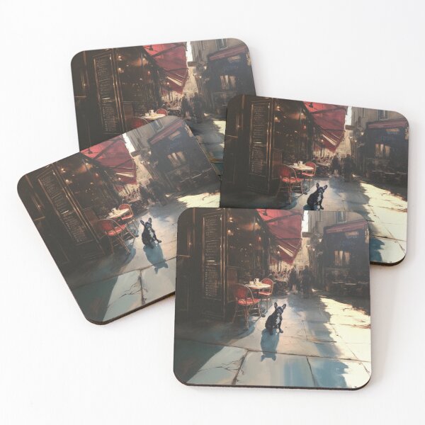 Item preview, French Bulldog sitting in a bustling city street café, Dogs in Motion designed and sold by CDC40.