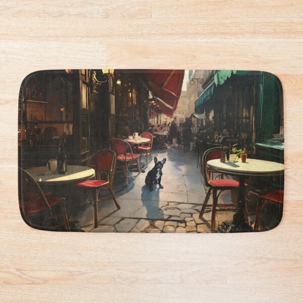 Item preview, French Bulldog sitting in a bustling city street café, Dogs in Motion designed and sold by CDC40.