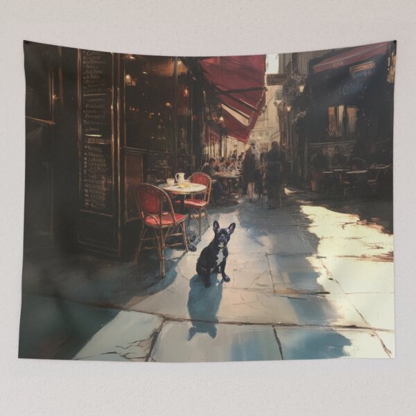 Item preview, French Bulldog sitting in a bustling city street café, Dogs in Motion designed and sold by CDC40.
