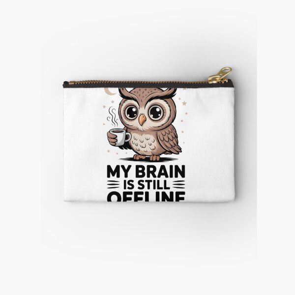 Item preview, A tired cartoon owl holding a cup of coffee with the caption _My brain is still offline designed and sold by Pawmoods.