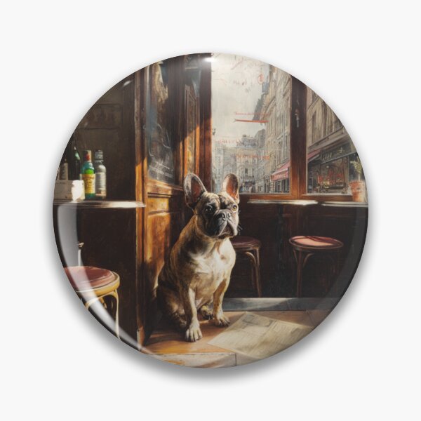 Item preview, A French Bulldog sitting in a bustling city street café, Dogs in Motion designed and sold by CDC40.