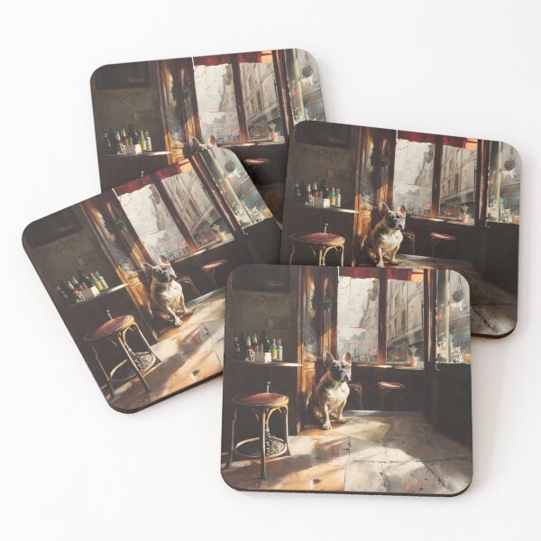 Item preview, A French Bulldog sitting in a bustling city street café, Dogs in Motion designed and sold by CDC40.