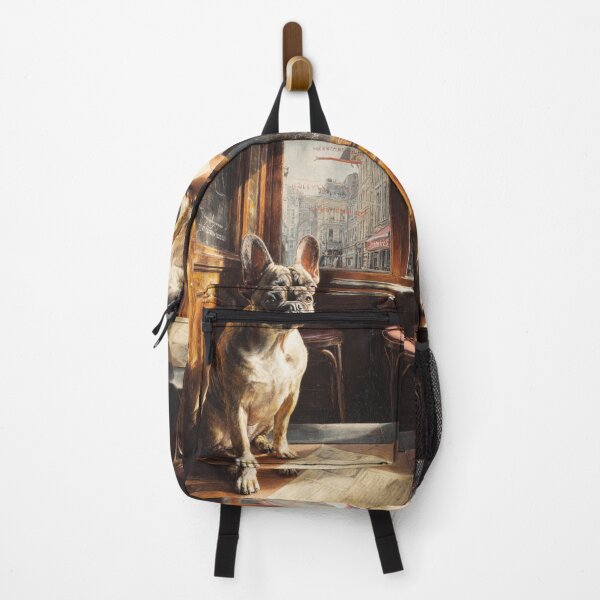 Item preview, A French Bulldog sitting in a bustling city street café, Dogs in Motion designed and sold by CDC40.