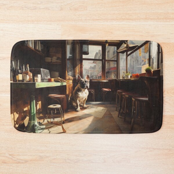Item preview, A French Bulldog sitting in a bustling city street café, Dogs in Motion designed and sold by CDC40.