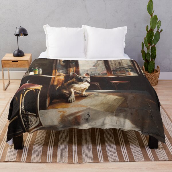 Item preview, A French Bulldog sitting in a bustling city street café, Dogs in Motion designed and sold by CDC40.