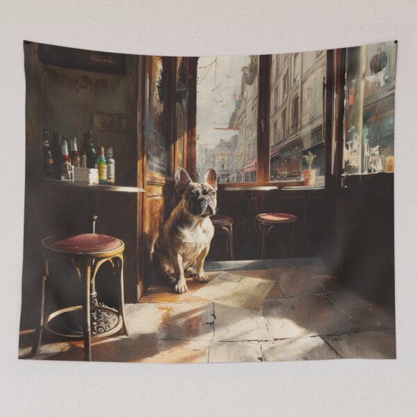 Item preview, A French Bulldog sitting in a bustling city street café, Dogs in Motion designed and sold by CDC40.