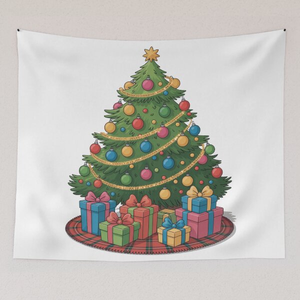 Item preview, Presents under christmas tree with colorful ornaments cartoon designed and sold by Visual Arts Dominika Cybuch.