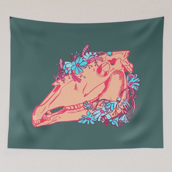 Item preview, Mari Lwyd Christmas horse skull with bright pink and blue flowers | cute spooky Lovecraft inspired illustration  designed and sold by kawaicherrypi.