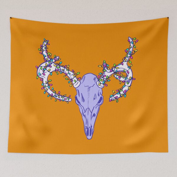 Item preview, Creepy Christmas stag skull with rainbow fairy lights wrapped around the antlers - blue designed and sold by kawaicherrypi.