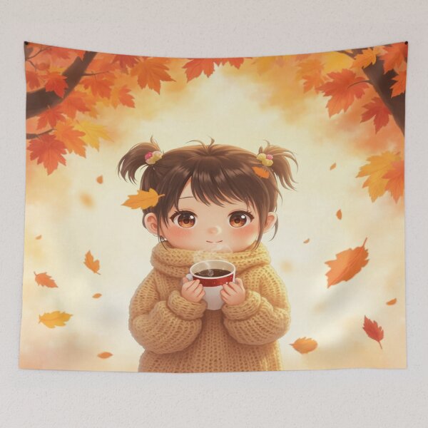 Item preview, Kawaii Autumn Girl With Cozy Sweater and Warm Drink designed and sold by Cristhian Almanza.