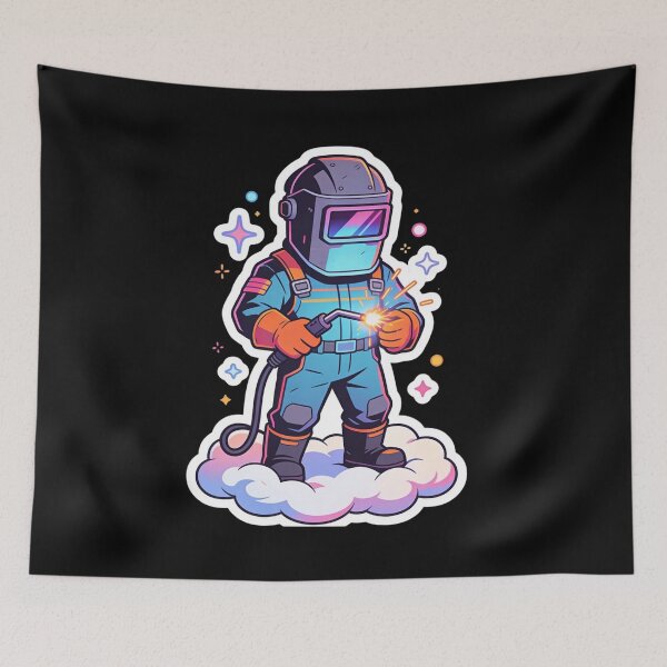 Item preview, Cute Chibi Welder Art on Dreamy Cloud | Synthwave Neon Tradesman Sticker Design designed and sold by Cherrydora.