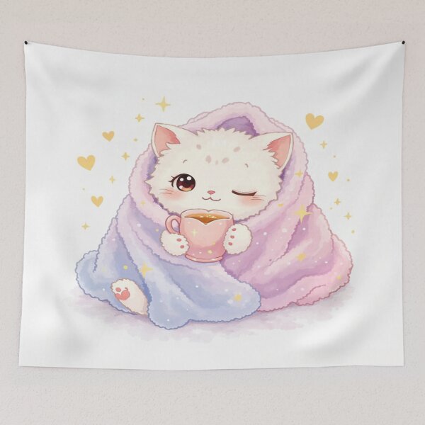 Item preview, Cozy Kawaii Cat – Cute Blanket & Hot Drink Illustration designed and sold by Cristhian Almanza.