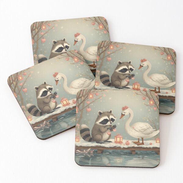 Item preview, Valentine’s Raccoon & Swan Couple • Whimsical Heart Bauble Prep Art designed and sold by WildlifeWhimsy.